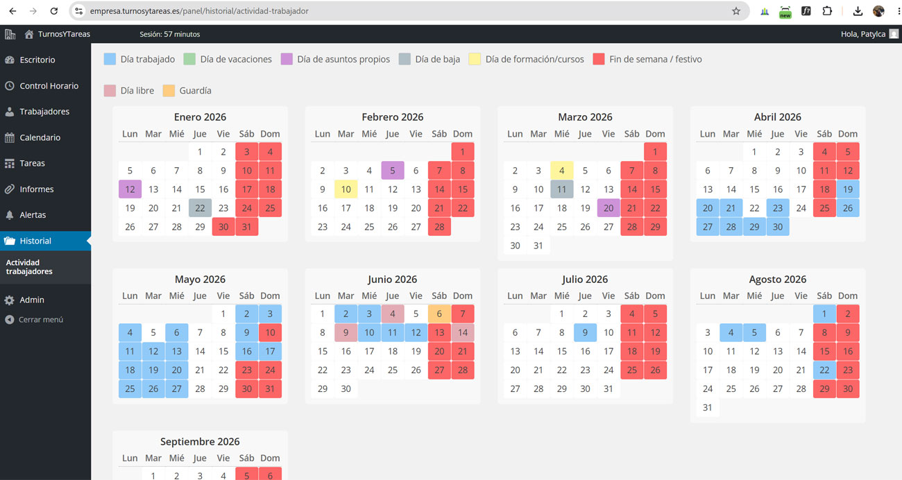Calendario de turnos en el panel de administración